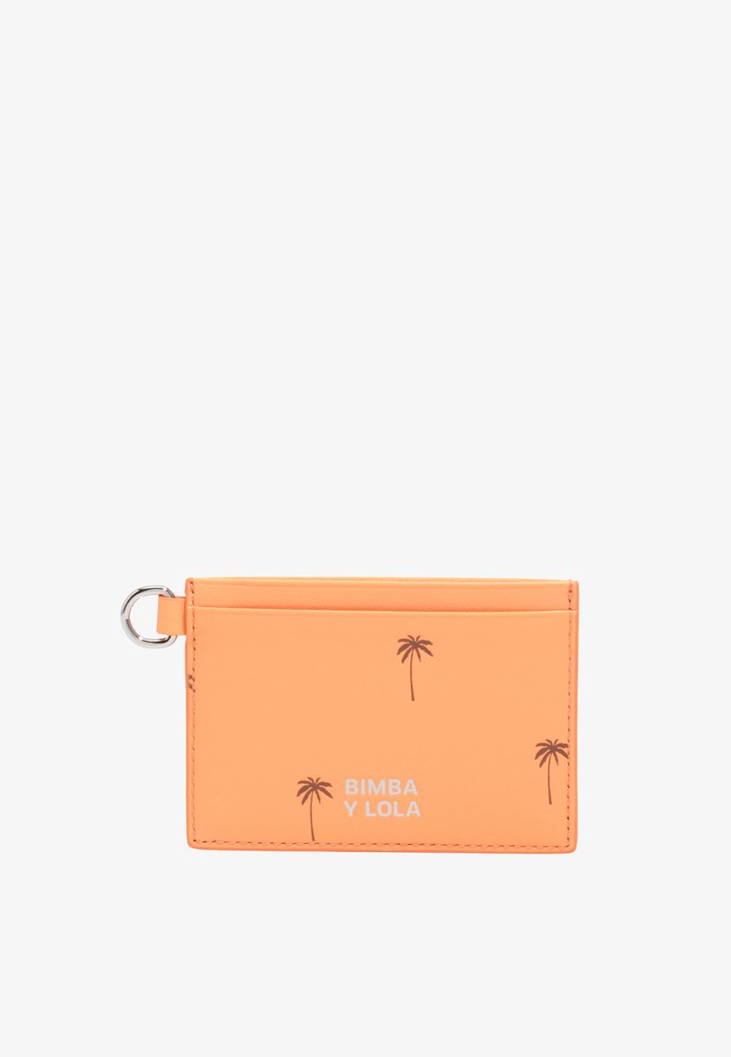 Orange cardholder with small brown palm tree prints, silver keyring loop, and "BIMBA Y LOLA" text in white on front.