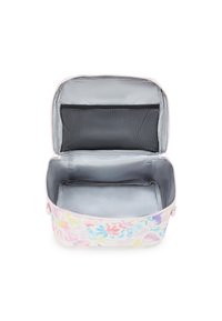 Bolso de cosméticos con estampado floral en suaves colores pastel, con un interior gris que cuenta con un bolsillo de malla y dos compartimentos para la organización.