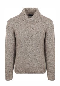 Brede gebreide trui in een lichte bruine tint met een gemêleerde textuur, voorzien van een sjaalkraag en ribgebreide manchetten en zoom.