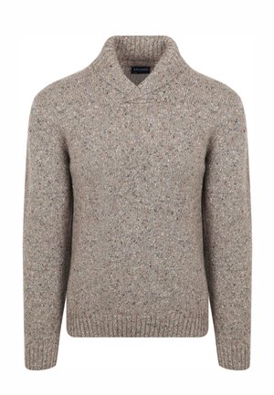 Strickpullover in einem hellbraunen Farbton mit meliertem Muster, ausgestattet mit einem Schal-Kragen sowie gerippten Bündchen und Saum.