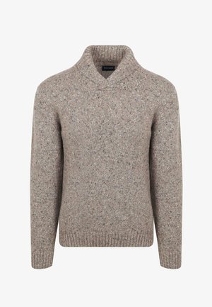 Knit pullover sweater in a light brown hue with a mottled texture, featuring a shawl collar and ribbed cuffs and hem.