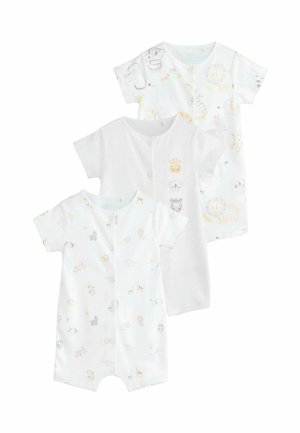 Tre tutine per bambini a maniche corte in morbido tessuto bianco, con stampe di animali e colori pastello, dotate di chiusure a pressione e una texture a pois.