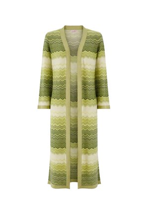 Cardigan lungo aperto sul davanti con motivo a zigzag in tonalità di verde, giallo e crema, con maniche a tre quarti e orlo dritto.