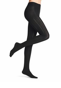Schwarze Strumpfhosen mit einem strukturierten Design aus vertikalen Streifen und Rautenmuster, gefertigt aus einem glatten, dehnbaren Material.