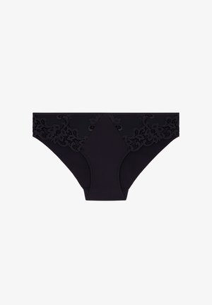 Culottes pour femmes noires avec une broderie florale en dentelle le long de la ceinture et des panneaux de tissu lisse à l'avant et à l'arrière.