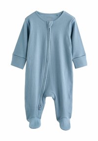 Body neonato azzurro chiaro a coste con zip frontale, maniche lunghe e design con i piedi. Presenta polsini aderenti e scollatura arrotondata.