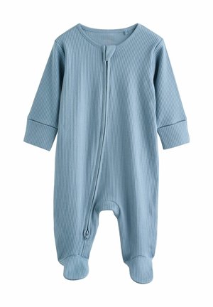 Helles blaues geripptes Baby-Overall mit einem Frontreißverschluss, langen Ärmeln und einem Fußdesign. Verfügt über eng anliegende Bündchen und einen gerundeten Ausschnitt.