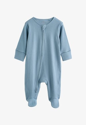 Body neonato azzurro chiaro a coste con zip frontale, maniche lunghe e design con i piedi. Presenta polsini aderenti e scollatura arrotondata.