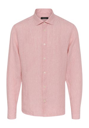 Ljust rosa, långärmad linneskjorta med krage, en ficka och knäppning fram med krämfärgade knappar.