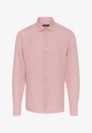 Jasnoróżowa, lniana koszula z długim rękawem, z kołnierzykiem, jedną kieszenią i zapięciem na guziki, które są w kolorze kremowym.