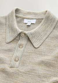 Polo beige lavorata a maglia con superficie testurizzata, dotata di colletto, tre bottoni beige e un'etichetta con la scritta 'NEXT REGULAR FIT'.