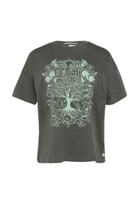 Donkergrijze oversized t-shirt van katoen met een licht mintgroene grafiek van een boom en bloemen met de tekst "NATURE IS MAGIC".