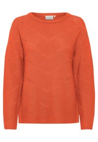 Orange strikket sweater med et chevron-mønster, rund halsudskæring og lange ærmer. Har tekstureret stof og en afslappet pasform.