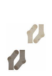 Gestreifte Socken in Beige- und Brauntönen. Jedes Paar hat weiße horizontale Streifen und besteht aus einem weichen Material, das für Komfort sorgt.