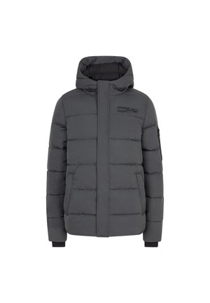 Veste rembourrée grise avec capuche, présentant des coutures horizontales, des poches latérales et une fermeture éclair. Comprend un détail de logo noir sur la poitrine.
