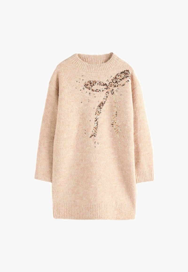 Helles rosa gestricktes Sweatshirt mit Rundhalsausschnitt, das ein dekoratives Design mit glitzerndem Schleifchen auf der Vorderseite und gerippten Bündchen aufweist.