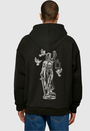 Black hoodie featuring a graphic of a statue holding scales and a sword, surrounded by birds. Constructed from soft fabric with a relaxed fit.