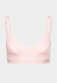 Zacht roze bralette met een naadloos ontwerp, verstelbare bandjes en een gladde textuur. Heeft een ronde halslijn en een brede band.