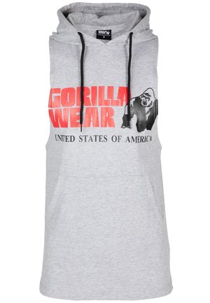 Bezrękawnik w jasnoszarym kolorze z kapturem i czarnymi sznurkami, czerwony napis "GORILLA WEAR", czarna grafika goryla oraz napis "UNITED STATES OF AMERICA" poniżej.