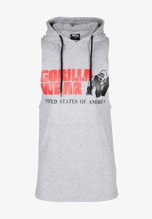 Ärmelloses hellgraues Kapuzenshirt mit schwarzen Kordeln, rotem "GORILLA WEAR"-Schriftzug, schwarzer Gorilla-Grafik und "UNITED STATES OF AMERICA" darunter.