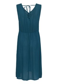 Teal sleeveless dress with a V-neckline, tie-back detail, and gathered waist, featuring a flowing silhouette and lightweight fabric.