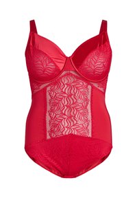 Czerwony body z połączeniem materiałów satynowych i koronkowych. Posiada miseczki z drutem, misterną koronkową dekorację i gładką fakturę.