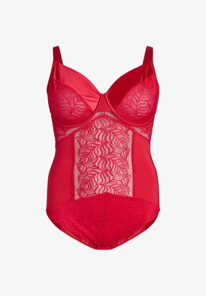 Rød bodystocking med en kombination af satin og blonde. Har bøjlede kopper, indviklet blonde detaljer og en glat tekstur.