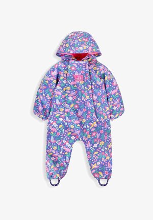 Violet atsparus vandeniui kombinezonas su ryškiu gėlių ir gyvūnų raštu, su kepure, elastingomis rankogaliais ir kilpomis ant kulkšnies pritvirtinimui.