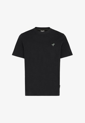 Zwarte katoenen T-shirt met een ronde hals en korte mouwen, voorzien van een kleine groene palmboom borduurwerk op de linkerborst.