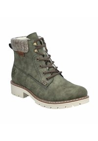 Bottine verte à la surface texturée, design en cuir marron à lacets, col en fausse fourrure et semelle en caoutchouc crème. Présente des accents de marque.