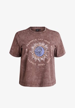 Rjava kratka majica z izpranim videzom, z motivom sonca in lune ter napisom »You my sunshine« in krožnim motivacijskim citatom okoli tega.