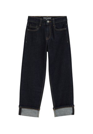 Tmavomodré rifle z denimu s vyhrnutými lemami, prednými a zadnými vreckami a pásom na gombíky označeným Blue Ridge.