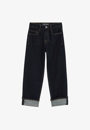 Dunkelblaue Denim-Jeans mit aufgerollten Bündchen, Taschen vorne und hinten sowie einem Knopfverschluss am Bund mit der Aufschrift Blue Ridge.