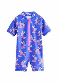 Lühikeste varrukatega märguit, erksinisel värvil, esipoolne tõmblukk ja mänguline jänese trükk roosa ja lilla värviga koos lillede aktsentidega.