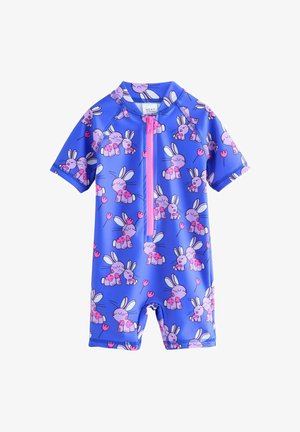 Kurze-Sleeve-Neoprenanzug in leuchtendem Blau, mit einem Reißverschluss vorne und einem verspielten Hasenmotiv in Pink und Lila mit floralen Akzenten.