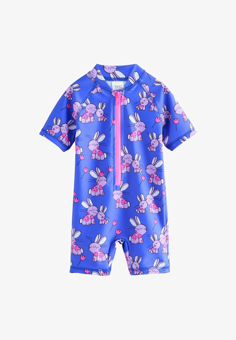 Lühikeste varrukatega märguit, erksinisel värvil, esipoolne tõmblukk ja mänguline jänese trükk roosa ja lilla värviga koos lillede aktsentidega.