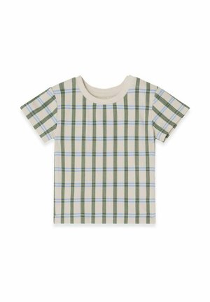 Kortærmet t-shirt i cremefarvet med et grønt og blåt plaidmønster. Har ribbet rund halsudskæring og blødt bomuldsmateriale.