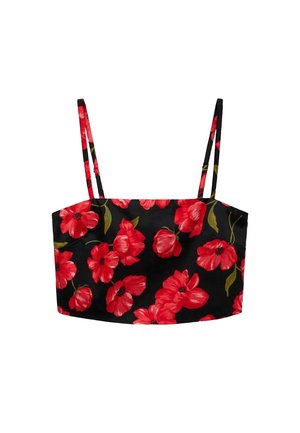 Zwarte bloemen crop top met dunne verstelbare schouderbandjes, versierd met grote rode bloemen en groene bladeren. Glad materiaal, rechthoekige vorm.