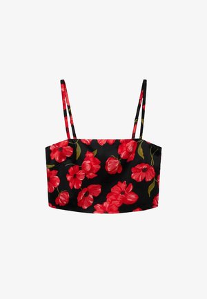 Sort floral crop top med tynde justerbare stropper, der har store røde blomster og grønne blade. Glat stof, rektangulær form.