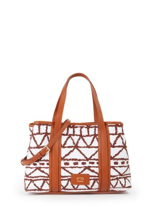Borsa tote bianca e marrone con motivo geometrico, manici in pelle, tracolla regolabile e toppa con logo Venezia sul davanti.