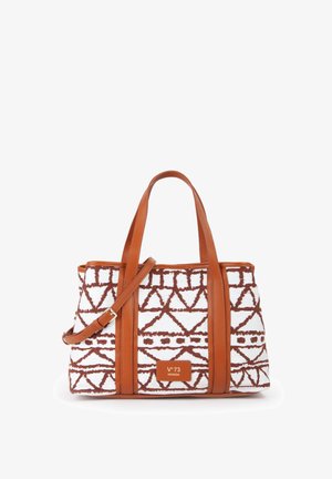 Sac cabas à motif géométrique blanc et marron avec poignées en cuir, bandoulière réglable et écusson logo Venezia à l'avant.
