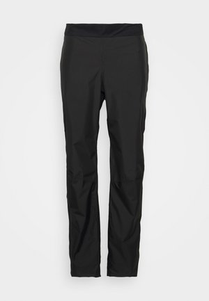 Schwarze wasserdichte Outdoor-Hosen mit glatter Textur, elastischem Taillenbund und tailliertem Design. Merkmale keine sichtbaren Beschläge oder Verzierungen.