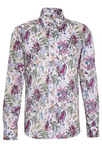 Camicia a maniche lunghe con una base bianca e un vivace motivo floreale tropicale in diverse tonalità di verde, rosa e viola; chiusura con bottoni.