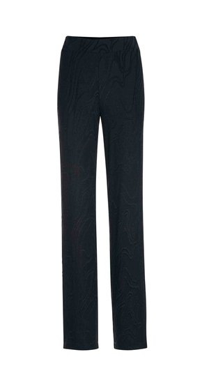 Schwarze, gerade geschnittene Hosen mit dezentem, strukturiertem Wirbelmuster und einem elastischen Bund.