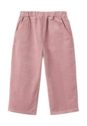 Pantalon en velours côtelé rose avec un design à jambes larges, une taille élastique et deux poches latérales. Texture douce avec un motif côtelé subtil.