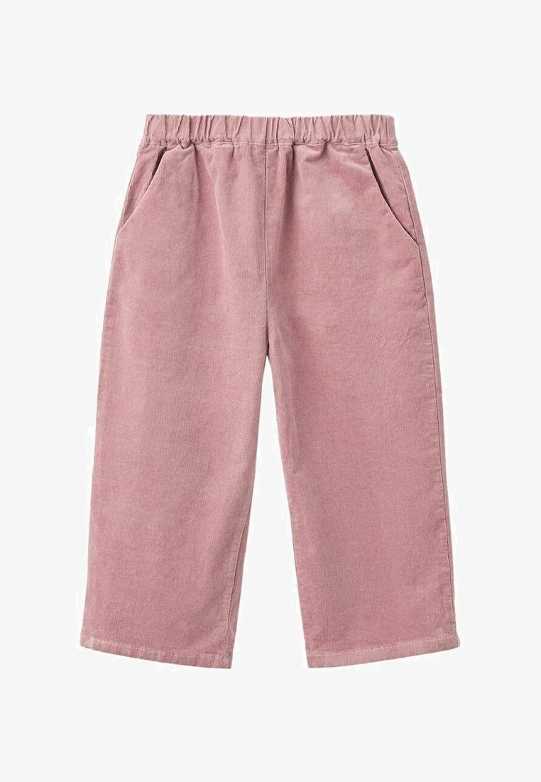 Roza kordurojske hlače širokega kroja, z elastičnim pasom in dvema stranskima žepoma. Mehka tekstura z diskretnim rebrastim vzorcem.