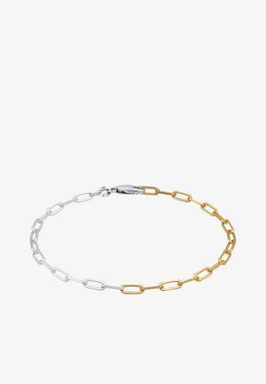 Silber- und goldfarbene Gliederarmband mit abwechselnd ovalen Gliedern, einem Karabinerverschluss und einem gestempelten 925-Zeichen für die Echtheit von Silber.