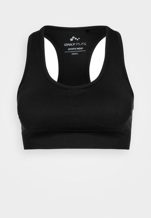 Black sports bra with a rounded neckline and wide straps. Features a fitted design and soft texture, labeled with "ONLY PLAY" and size small.