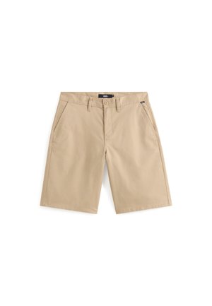 Pantaloncini beige realizzati in tessuto misto cotone, con due tasche frontali, chiusura con bottone e design a taglio dritto.