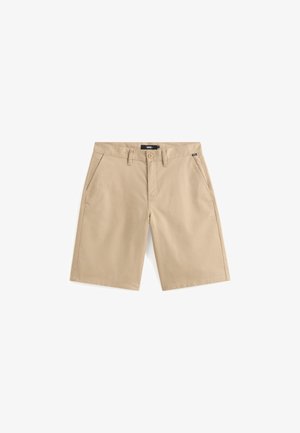 Pantaloncini beige realizzati in tessuto misto cotone, con due tasche frontali, chiusura con bottone e design a taglio dritto.
